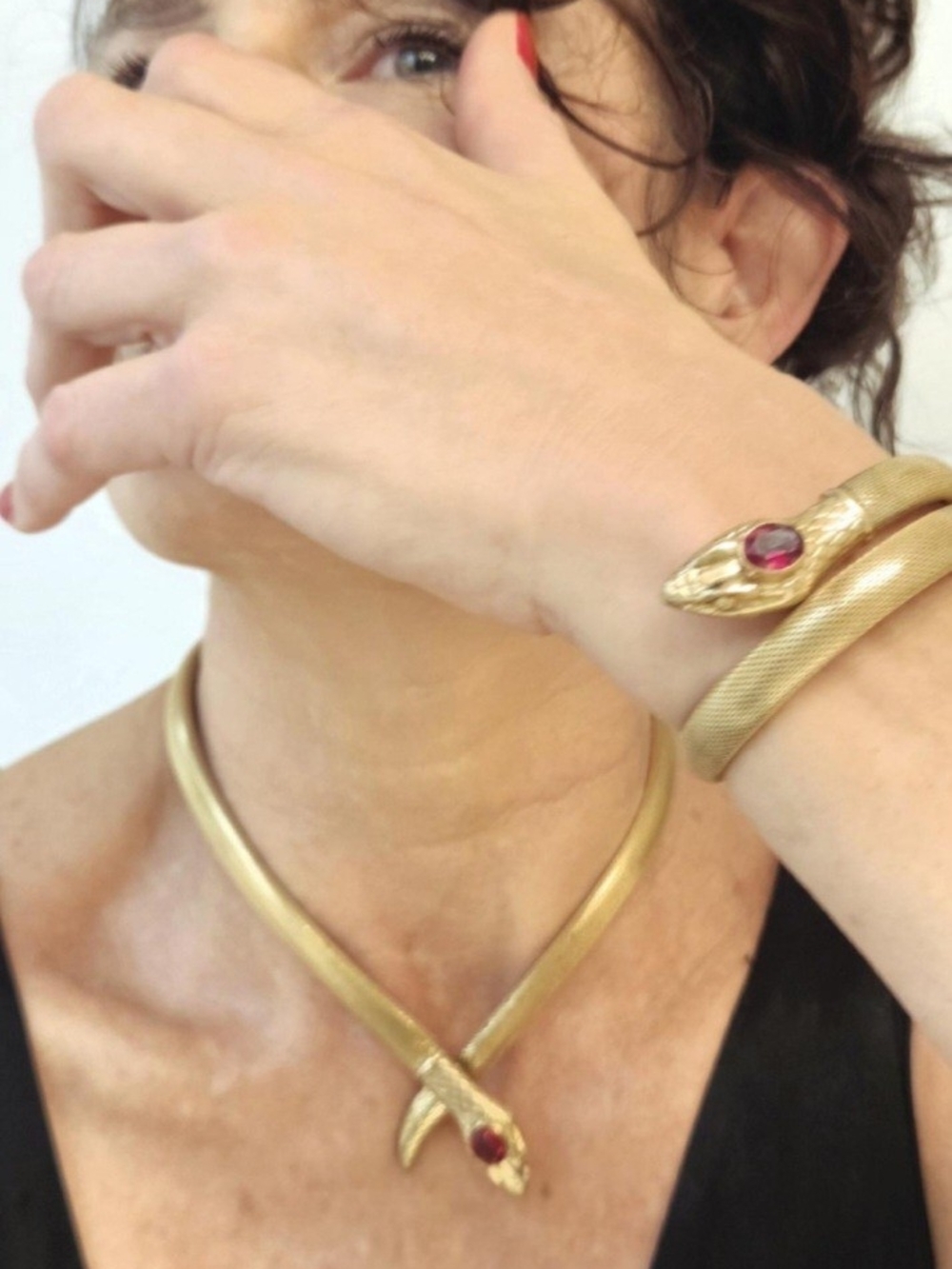 1930s Art Deco Rolled Gold Ruby Gem Snake Necklace And Bracelet